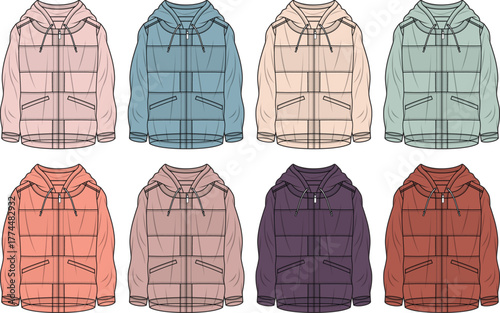 Puffer jacket with hood fashion flat vector template set. Colorful winter outerwear technical drawing collection for clothing design mockups