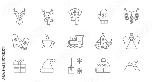 Christmas and winter vector icons set reindeer, mittens, train, present, hat and other festive elements