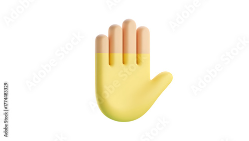 A yellow 3d hand emoji with four fingers raised, isolated on transparent background, symbolizing stop, warning, or greeting