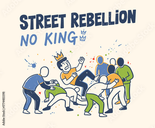 protest slogan featuring a crossed-out crown and the words 'NO KING'. The design symbolizes opposition to authority and political policies