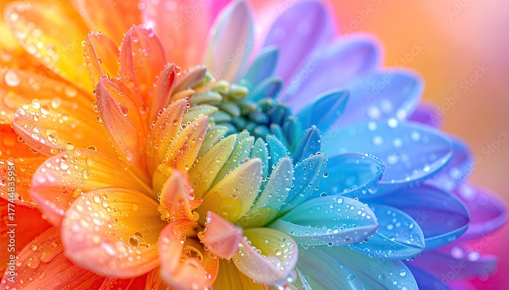 Fototapeta premium Vibrant Rainbow Dahlia Flower with Sparkling Water Droplets Macro View.
