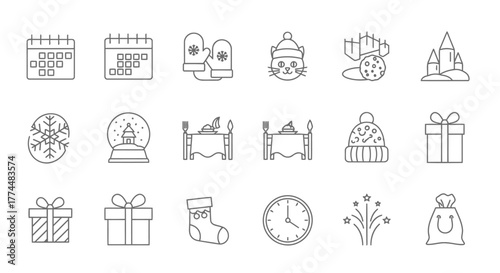 Festive Thin Line Icons Set Winter Holiday and Christmas Elements