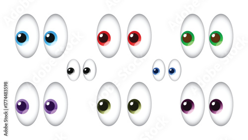 set of colorful cartoon eyes isolated on white background, featuring blue, red, green, purple, olive, yellow, pink, and brown for characters and designs