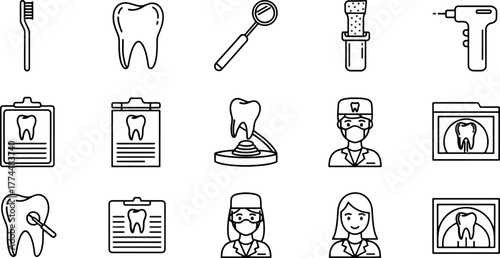 Minimalist vector graphics for oral hygiene and dental practice, organized in a clear, illustrative grid format