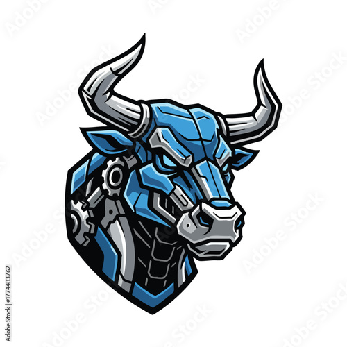 Cyber Bull Head Illustration Futuristic Design Featuring Metallic Horns, Digital Elements