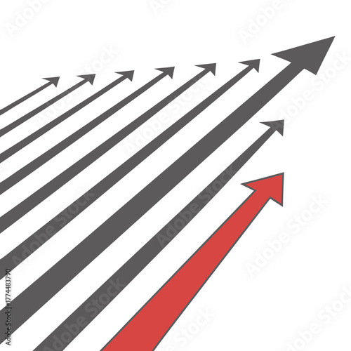 Red arrow leads the way forward in a group of gray arrows symbolizing success and leadership
