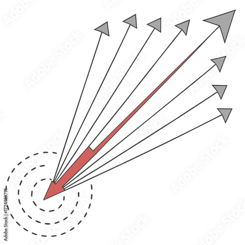 Conceptual diagram of multiple vectors originating from a central point with one highlighted in red