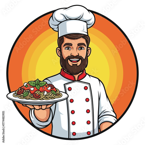 Joyful chef proudly presents delicious spaghetti dish radiating warmth and culinary expertise for your restaurant marketing needs