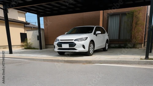 ブラックポリカーボネート屋根カーポートと茶色い外壁の住宅との調和