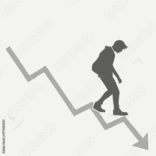 Silhouette of a businessman walking down a sharp downward trending graph representing financial decline