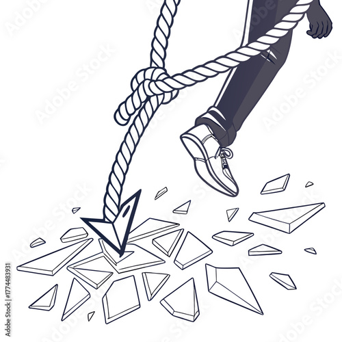 A person s leg and foot stepping onto a pile of shattered glass with a rope and arrow above