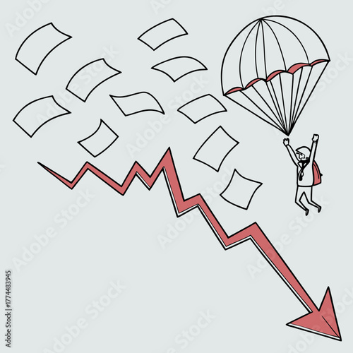 Businessman parachutes down from falling stock market graph with papers flying around him