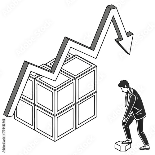 Businessman struggling with a declining graph represented by a falling arrow over stacked cubes