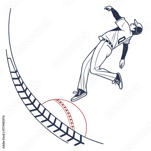Dynamic illustration of a baseball pitcher in mid throw with a baseball and foul lines