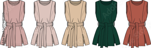 Fashion design template of a sleeveless top with an elasticated waist and tie belt. Set of technical flat sketches in multiple colorways for apparel