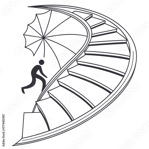 Silhouette figure with umbrella running up spiral staircase symbolizing progress and overcoming challenges