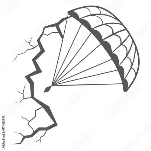 Parachute breaks through a cracked surface symbolizing failure or disaster in extreme sports