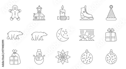 Christmas and Winter Outline Icons Set Gingerbread, Decorations, Presents