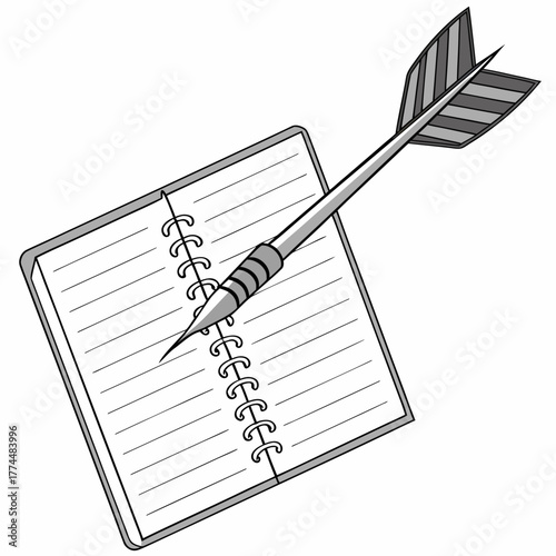 A dart pierces a blank lined notebook symbolizing hitting a target or achieving a goal