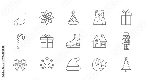 Festive Outline Icons Christmas Holiday Celebration Symbols