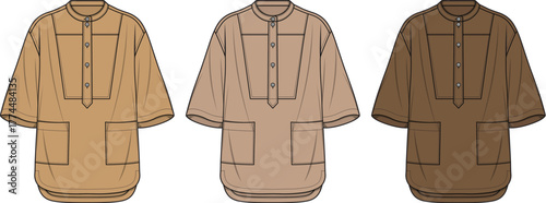 Set of men's tunic shirts with mandarin collar and patch pockets. Fashion technical flat sketch vector illustration in brown tones