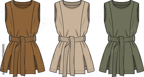 Flat fashion illustration of three sleeveless tops with belted waists in different neutral earth tones