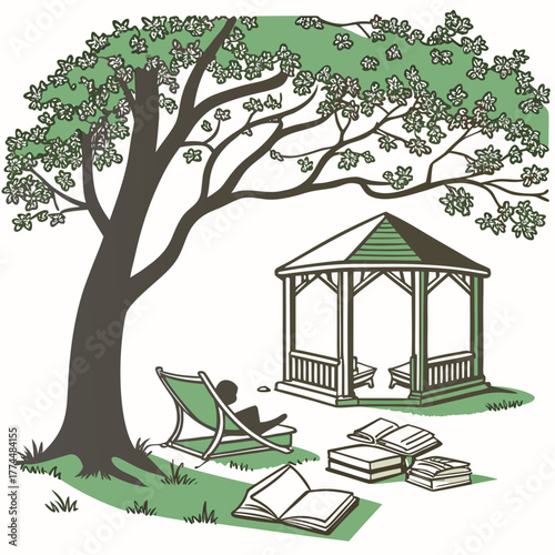Person relaxing in a lawn chair under a tree near a gazebo with books scattered around