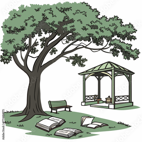 Tranquil park scene with a large tree gazebo bench and open books scattered on the grass