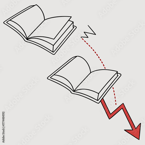 Conceptual illustration of declining knowledge or learning progress represented by open books and a downward trend arrow