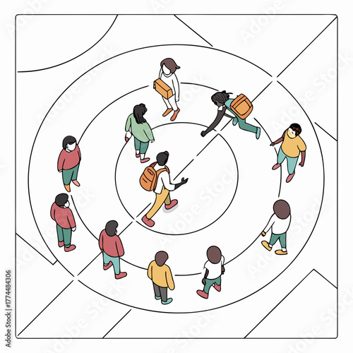 Diverse group of people standing in a circular pattern with one person in the center interacting