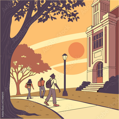 Students with backpacks walk on a path towards a building at sunset with a large tree