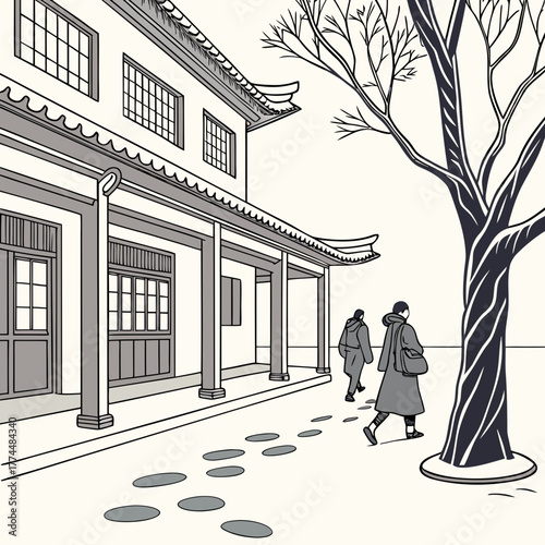 Two figures walk along a path beside a traditional building with a bare tree in winter