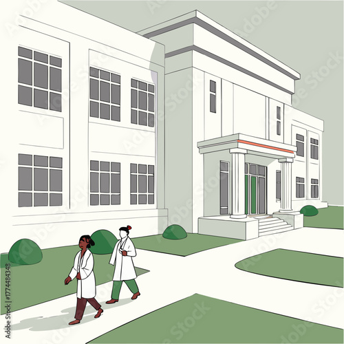 Two diverse female doctors in lab coats walking outside a modern medical research building on a sunny day