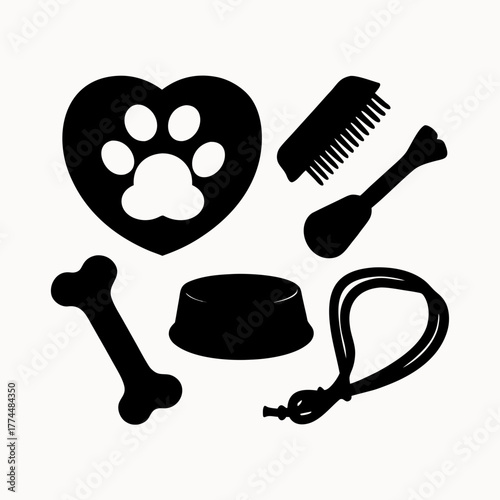 Collection of pet care items including a heart with paw print bowl bone comb and rope toy design