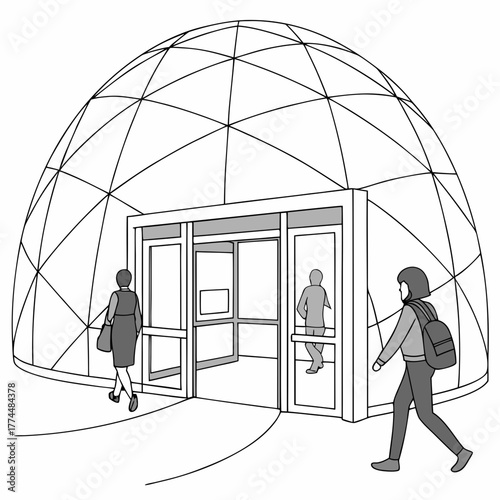 People entering and exiting a modern geodesic dome building with automatic glass doors