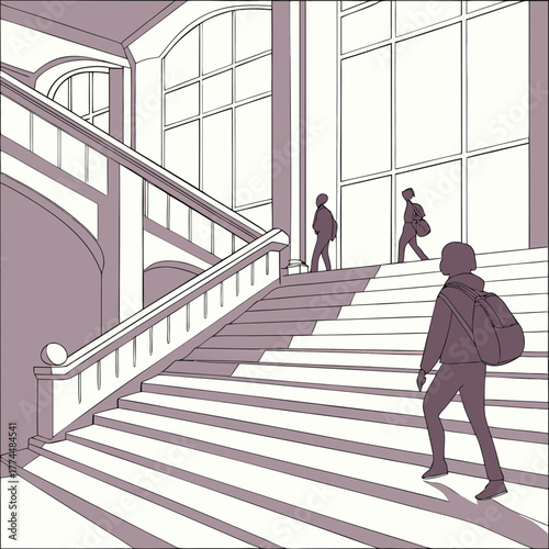 People ascend and descend a grand staircase in a modern building with large windows and minimalist design