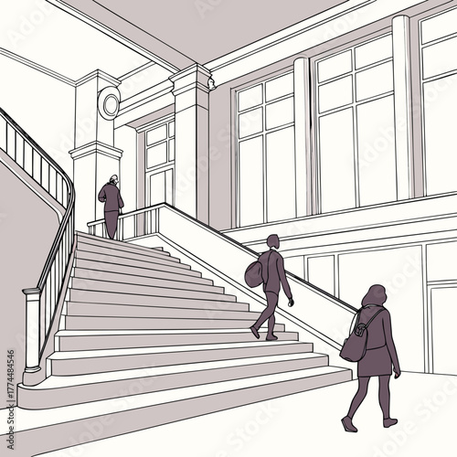 Behang People ascending and descending a grand staircase in an ornate building with lar