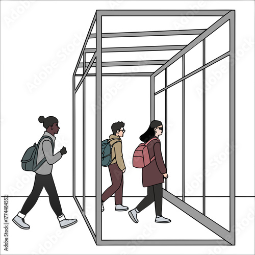 Diverse group of young people with backpacks walking through a modern architectural structure