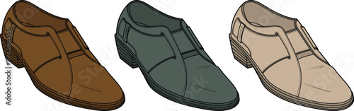 Three pairs of low-heeled casual shoes in brown, grey, and beige