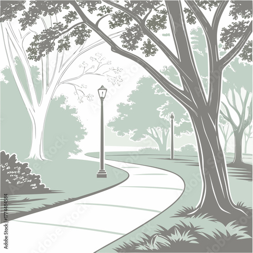 Serene park pathway winds through mature trees with vintage lampposts and lush greenery