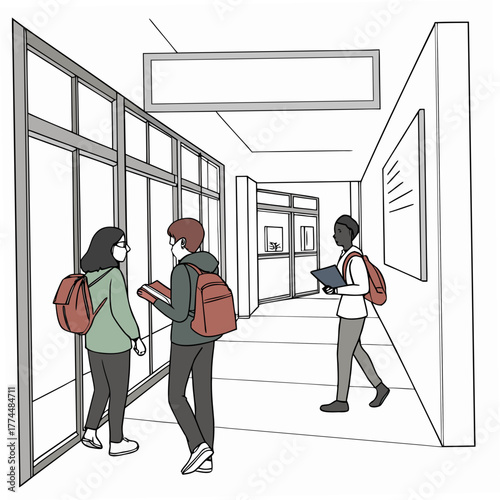 Diverse students walking through a school hallway with backpacks and books
