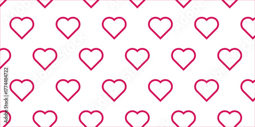 Romantic repeating pattern of red outline love hearts on a white background. Seamless vector illustration for design