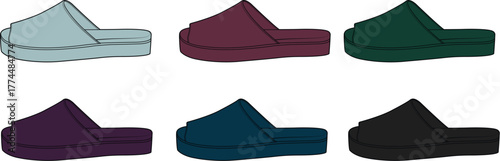 A colorful collection of cozy home mule slippers in a flat vector design, representing comfort, relaxation, and comfortable living at home