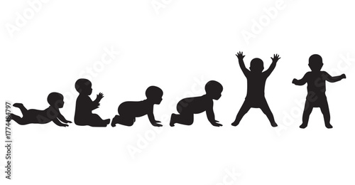 Stages of baby development silhouette graphic from crawling to standing on white background