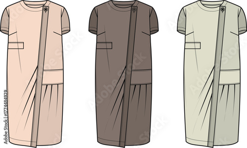 Stylish Women's Midi Dress Illustrations with Pocket Detail for Fashion Design