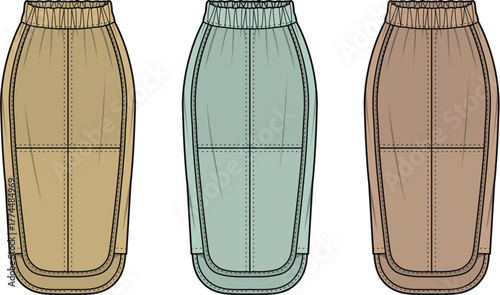 Variety of skirt designs in muted tones fashion illustrations for apparel and style concepts