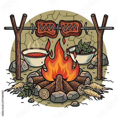 Savoring succulent steaks grilled over a roaring campfire with fresh herbs and hearty root vegetables, creating an unforgettable outdoor dining experience.