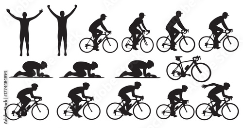 Detailed cycling vector silhouettes: bike riders racing, standing, and celebrating victory isolated on white background.