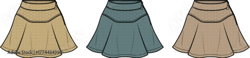 Set of three stylized skirt illustrations in beige and teal, showcasing pleated fabric and decorative waistband details