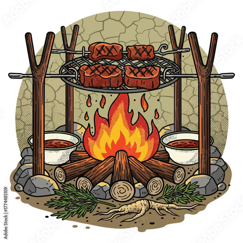 Savor the smoky perfection of juicy steaks grilling over a vibrant campfire, complemented by savory dips and fresh herbs for an unforgettable outdoor feast experience.